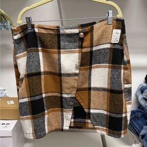 Plaid Button-Front Skirt - Black, Brown, and Cream